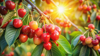 Obraz premium Cherries on tree glowing in sunset light