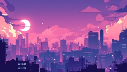 Fototapeta premium Stunning Night Cityscape with Pink Skies and Clouds Over Urban Skyline in a Dark Atmosphere, Perfect for Illustrating Modern Life and Urban Themes
