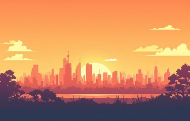 Vibrant Vector Illustration of a City Skyline at Sunset with Silhouetted Trees and a Scenic Lake View
