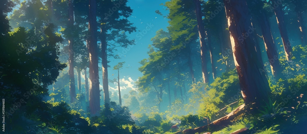 Aufkleber serene forest scene with tall trees and soft light filtering through leaves in a beautiful natural l