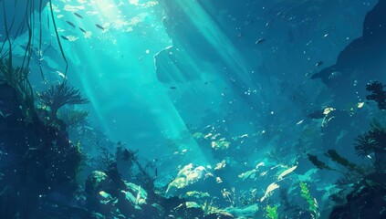 Fototapeta premium dark underwater scene with coral reefs and sea plants. 