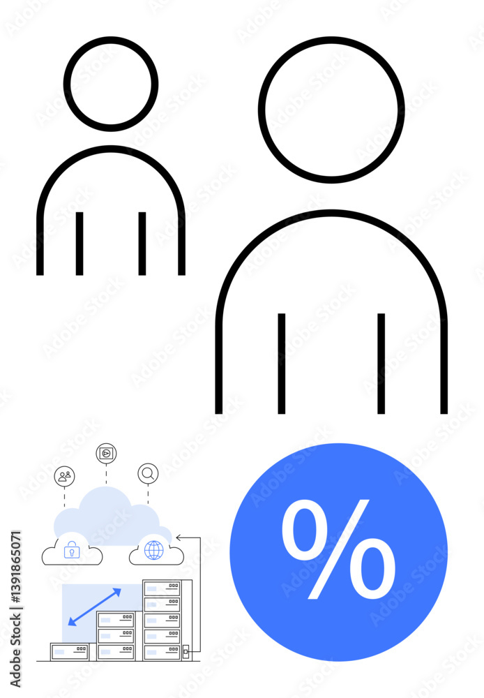 Poster abstract figures beside blue percentage symbol, cloud computing elements with server in lower left. 