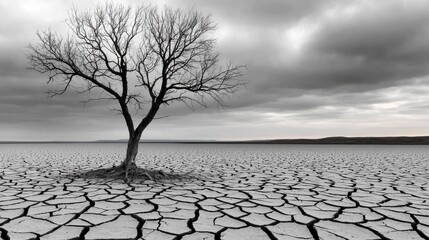 Lonely Tree in a Dried and Cracked Earth Under a Gray Sky