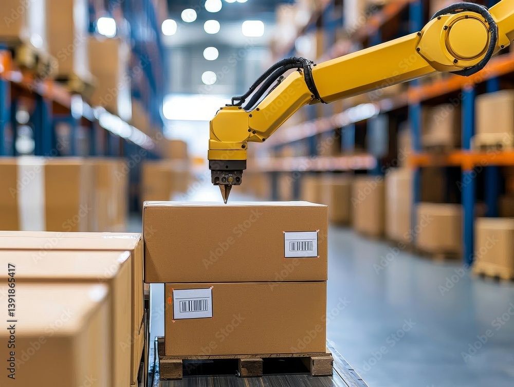 Poster automated robot arm handling boxes in a modern warehouse environment.