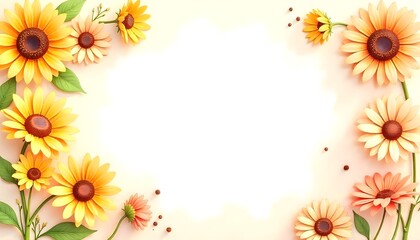 Fototapeta premium Decorative Floral Border, Yellow & Orange Sunflowers and Daisies, Brown-Centered Flowers, Green Leaf Accents, Soft Gradient Blank Background, Mother's Day Invitation, Women's Day Greeting Card, Femini