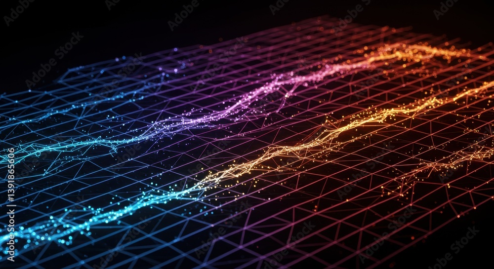Poster abstract digital landscape: glowing network of connected points and lines