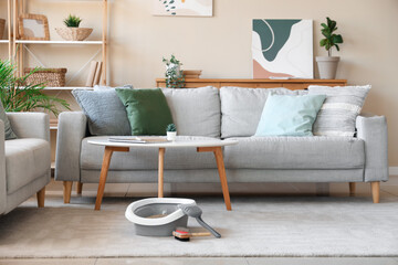 Interior of living room with sofa, table and cat litter box