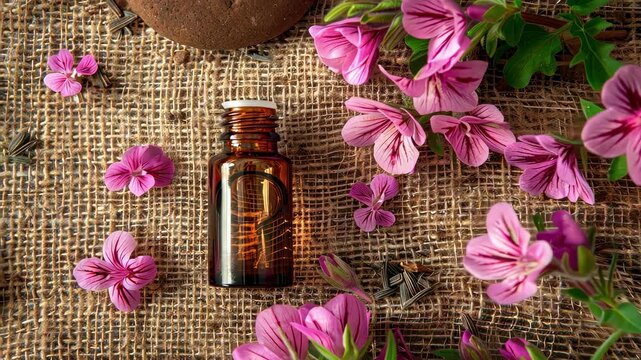 geranium essential oil on burlap background