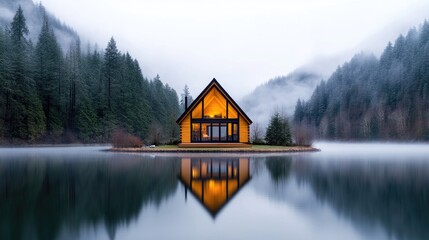 Fototapeta premium A cozy wooden cabin with large windows reflecting in calm lake waters, surrounded by misty evergreen forest, and serene and tranquil atmosphere.
