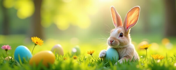 Fototapeta premium Ears with attached Easter eggs in a meadow with flowers, easter bunny ears, cartoon