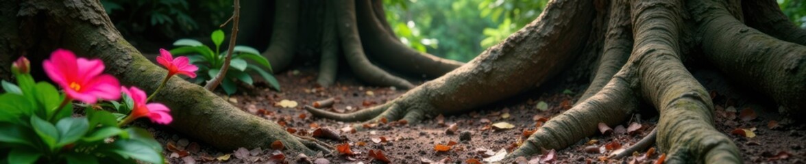 Exotic flowers bloom amidst ancient tree roots and decaying logs , forest, growth