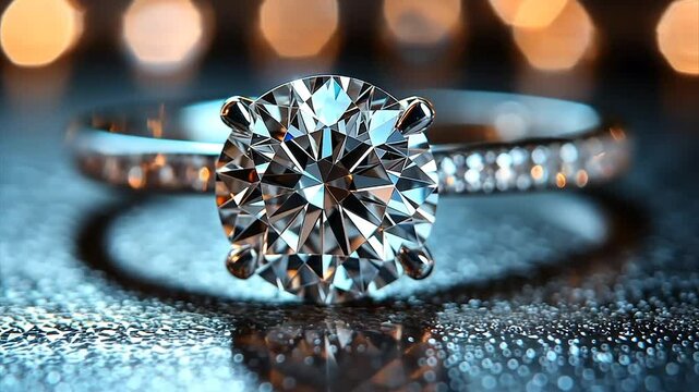 Sparkling solitaire diamond ring with pave band, reflected on dark surface
