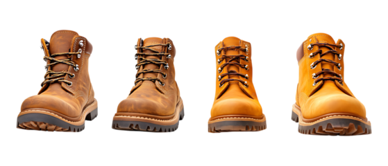 Pack of Leather Work Boots set of Five Different Poses set Against Transparent Background for Footwear, Fashion, or Work Gear Promotion Projects