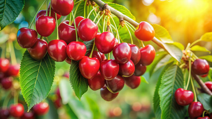 Obraz premium Ripe red cherries hanging on tree in orchard sunlight