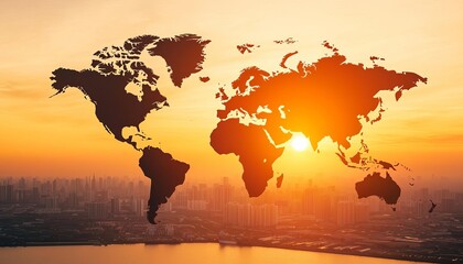 Stunning sunset over a city skyline, showcasing the world map silhouette.