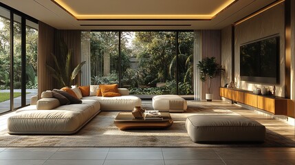 Modern living room interior design with large windows sofa and tv luxury home decor and garden view