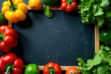Fresh ingredients on chalkboard menu board for salads, greens, leafy