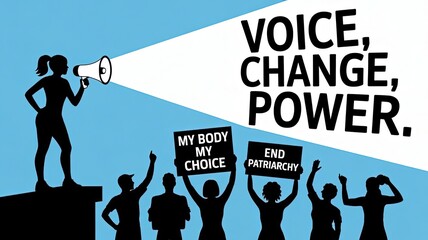 Empowering Voices for Change: A silhouette of a woman standing on a podium, amplifying her voice through a megaphone, rallying a crowd with signs, advocating for choice, power.