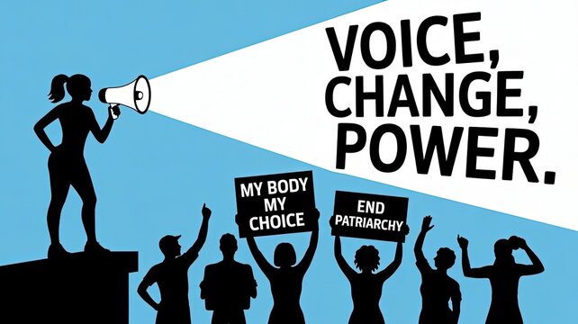 Empowering Voices for Change: A silhouette of a woman standing on a podium, amplifying her voice through a megaphone, rallying a crowd with signs, advocating for choice, power.