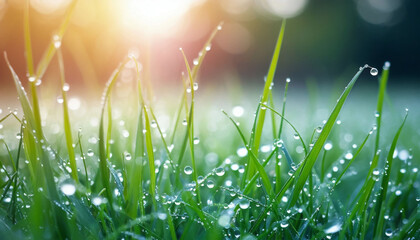 Fototapeta premium Grass with dew drops close-up, AI generated.
