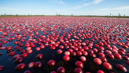 Fototapeta premium Vibrant cranberries float in a flooded bog, ready for harvest. Scenic.