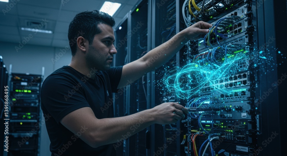 Poster it technician working on server rack: data center network maintenance and modern technology