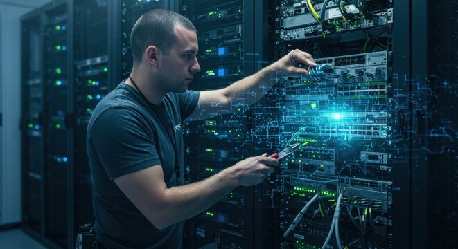 Tech Specialist Working on Server Network Infrastructure Maintenance and Repair