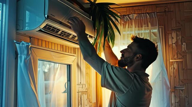 a man or craftsman installs an air conditioner or cleans it