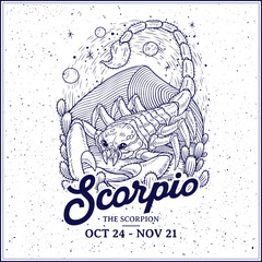 Scorpio Zodiac Sign Line Art – Mysterious Vintage Illustration of The Scorpion with Celestial and Occult Symbols Astrology Artwork