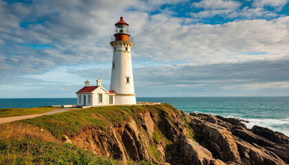 Lighthouse on the sea coast, AI generated.