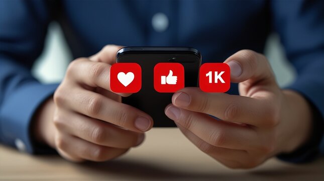 shows a person holding a smartphone with two icons on the screen: a heart and a thumbs-up, indicating social media activity. One of the icons shows a count of 1K, suggesting a significant number of li