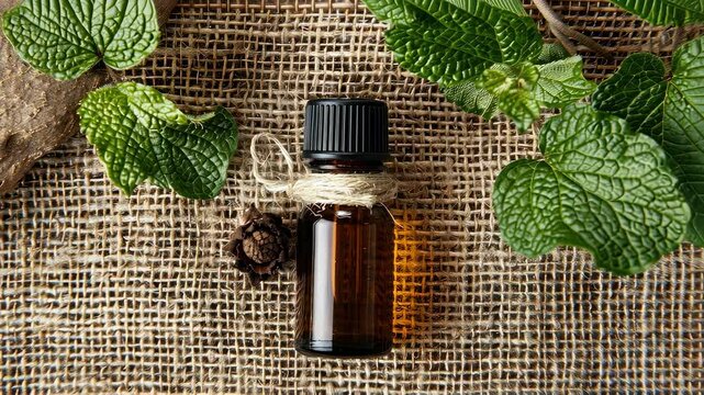 patchouli essential oil on burlap background