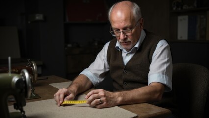 Mature caucasian male tailor measuring fabric in workshop with focused expression