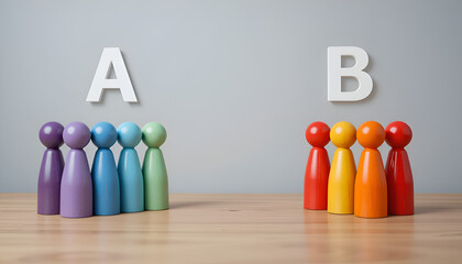 Two groups of people A and B. Social experiments. Control group. Surveys and statistics collection. Division into two types. Study of society and social technologies