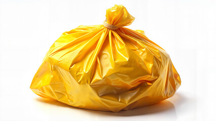 Yellow garbage bag tied and isolated on white background