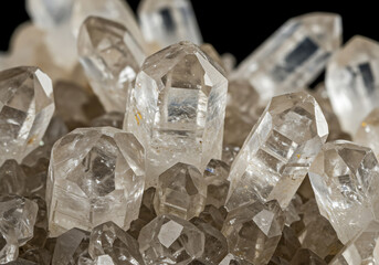 Close-up of Quartz Crystal Cluster, Macro Mineral Detail, Gemstone Formation, Clear Crystals.