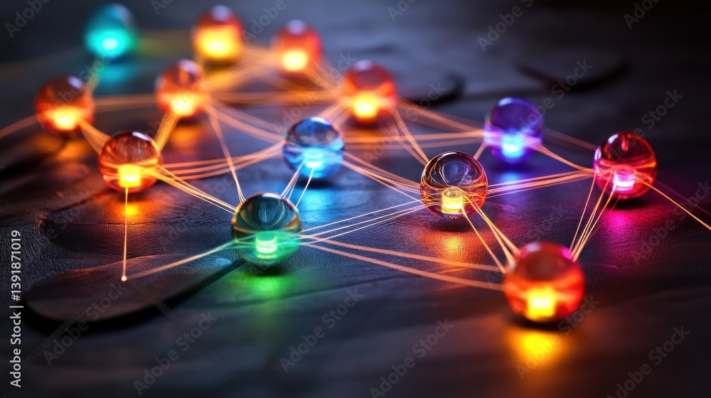 Poster illuminated networ, vibrant abstract depiction of interconnected nodes, symbolizing global communica