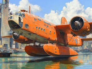 Fototapeta premium A rusty orange seaplane is gracefully landing on calm water near an industrial harbor under a bright sunny sky. Perfect for aviation and travel themes.