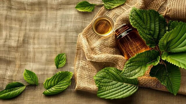 patchouli essential oil on burlap background