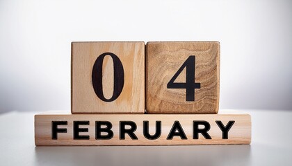 Minimalist photo of a wooden blocks with date 4 February. Day and month, calendar on white background