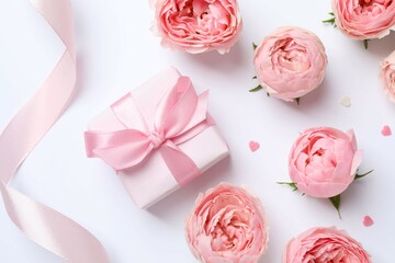 Beautiful pink peony roses with gift box on a white background