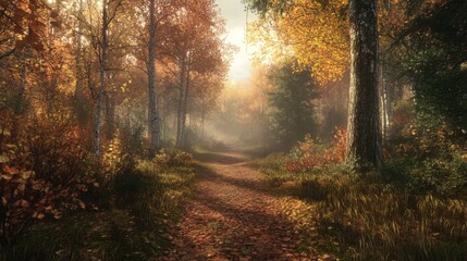 Obraz premium Serene Autumn Forest Pathway Surrounded by Vibrant Foliage