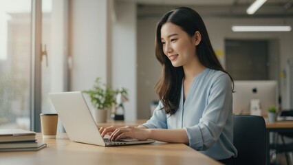 Smiling woman working on a laptop in a bright, modern office space.