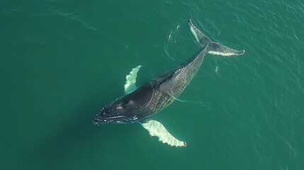 Fototapeta premium A humpback whale gracefully swims in clear turquoise ocean water This aerial shot captures its peaceful movement Perfect for nature documentaries or travel brochures