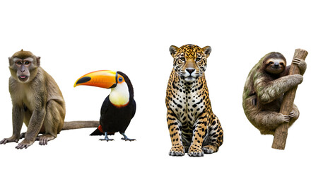 Fototapeta premium A monkey toucan jaguar and sloth posing together on a black background
