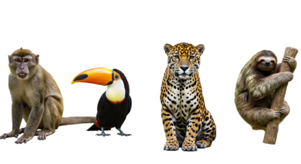 A monkey toucan jaguar and sloth posing together on a black background