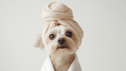 Pampered Dog Ready for a Spa Day. A cute  dog Yorkshire Terrier wearing a spa towel and robe is ready for pampering and relaxation in a cozy setting.