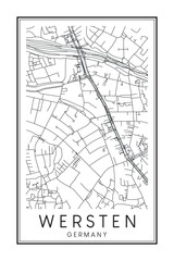Hand drawn printable downtown road map poster of borough WERSTEN of the German city of DÜSSELDORF on solid white background with city name