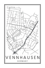 Hand drawn printable downtown road map poster of borough VENNHAUSEN of the German city of DÜSSELDORF on solid white background with city name