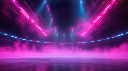 Futuristic arena with neon lights, smoke. Stylish ice rink. Amazing winter hockey event scene. Impressive tech. Pro sport atmosphere. Ice skating. Great for winter poster event promo. Arena